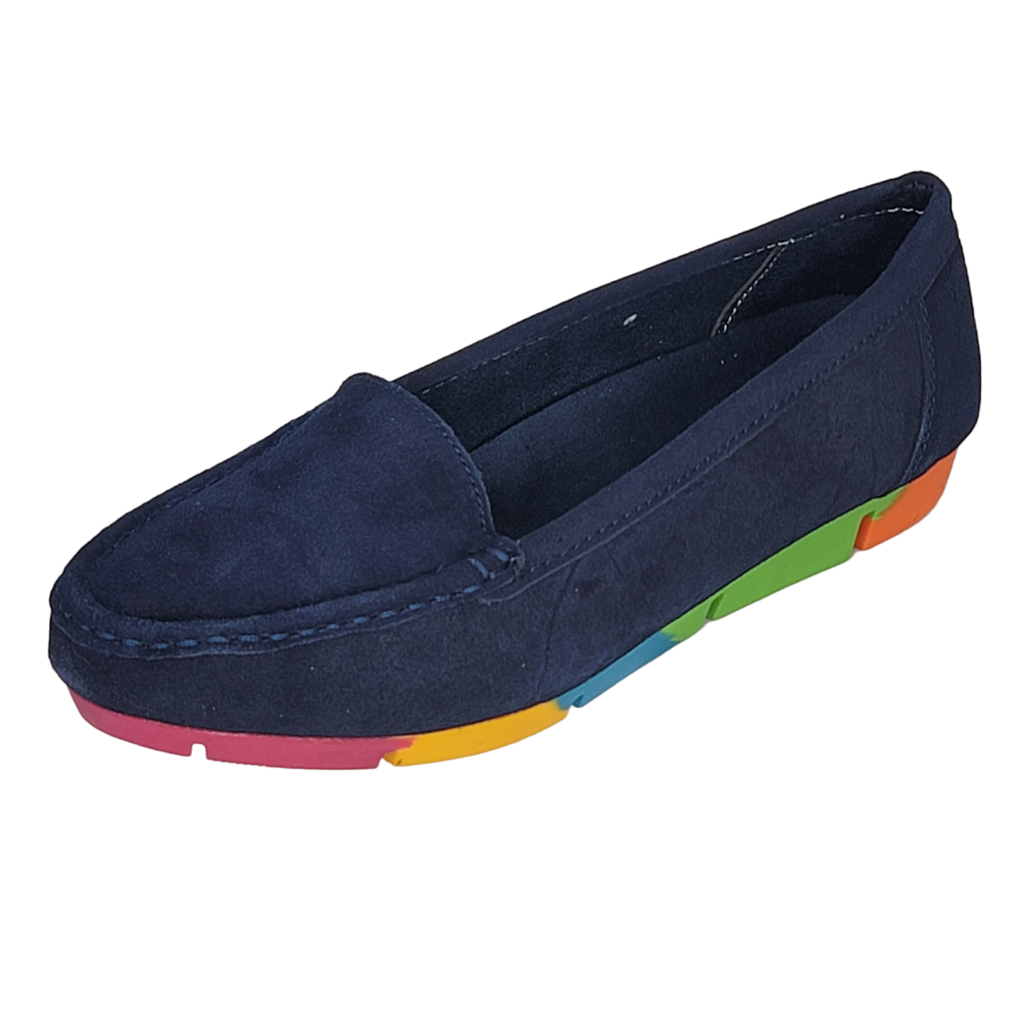 Women's Blue Suede Moccasins with Rainbow Soles (Blue)