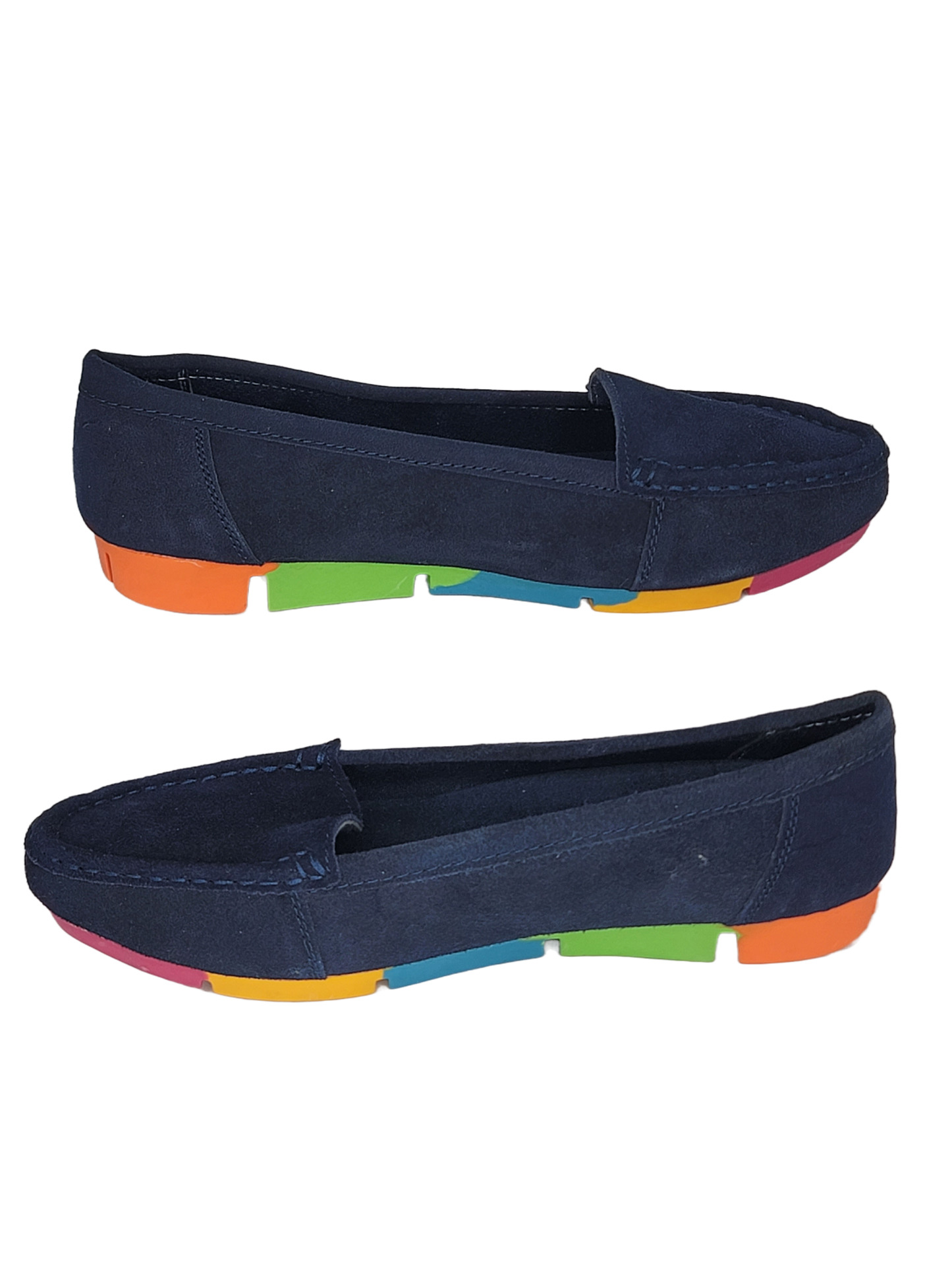 Women's Blue Suede Moccasins with Rainbow Soles (Blue)