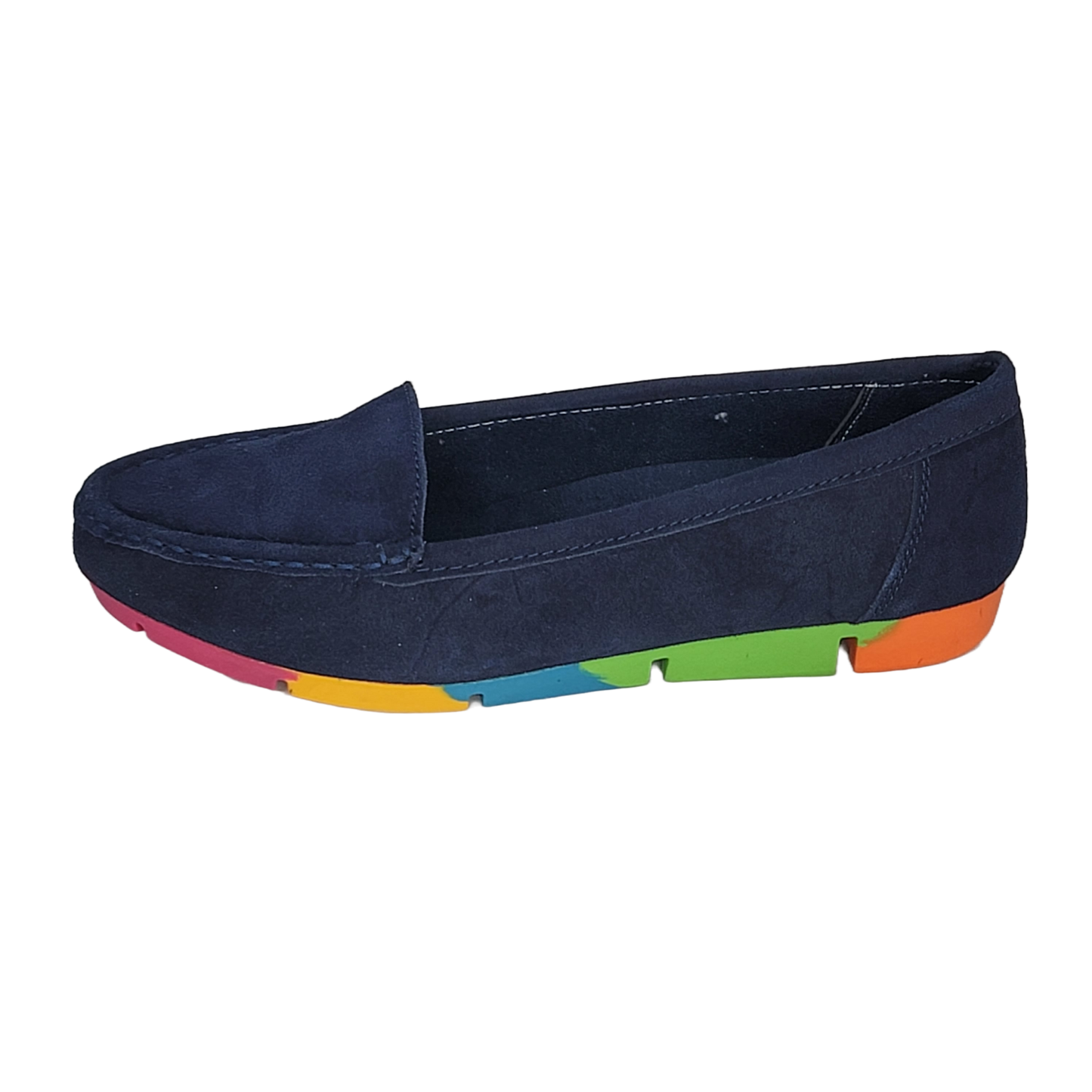 Women's Blue Suede Moccasins with Rainbow Soles (Blue)