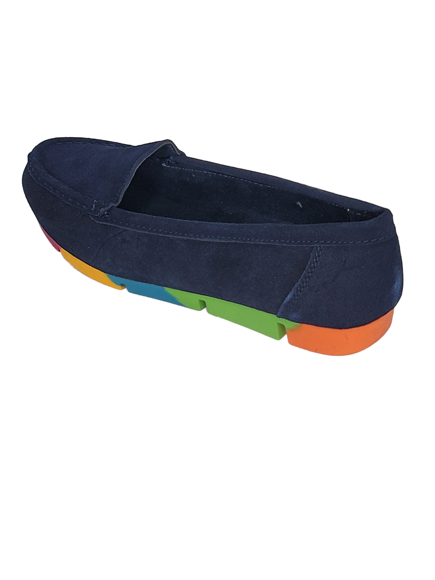 Women's Blue Suede Moccasins with Rainbow Soles (Blue)