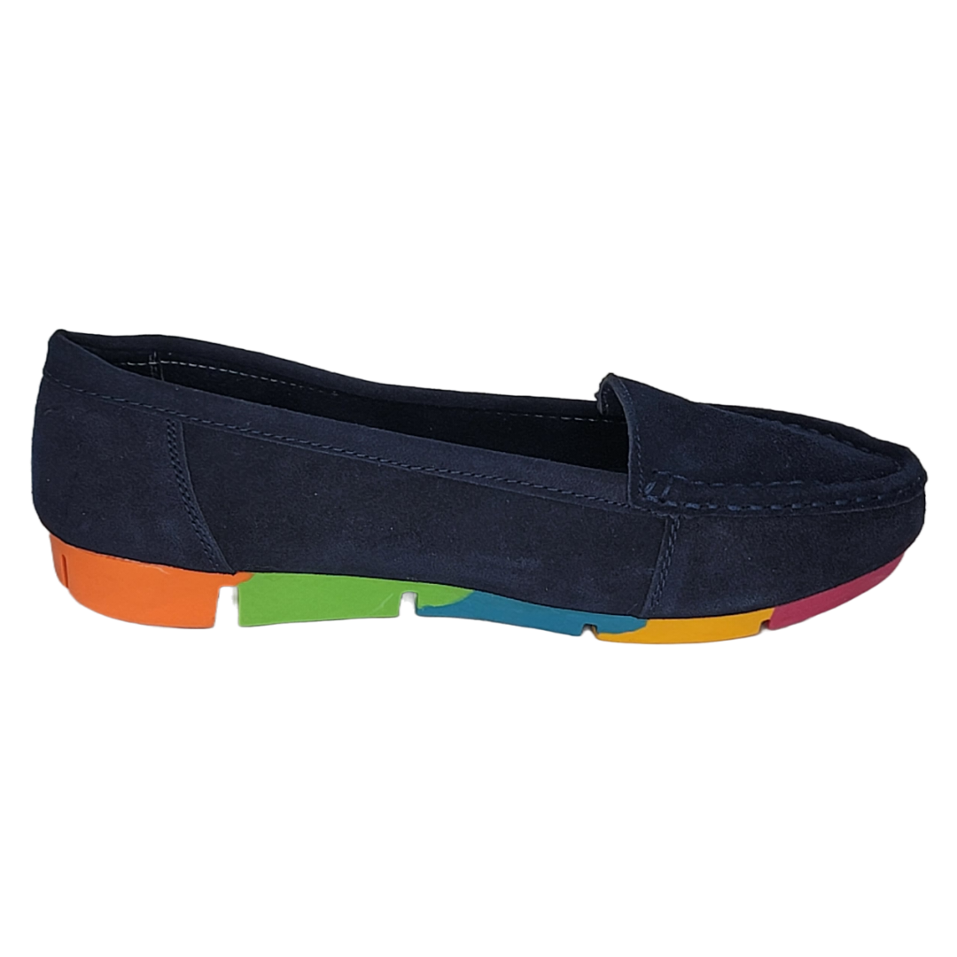 Women's Blue Suede Moccasins with Rainbow Soles (Blue)