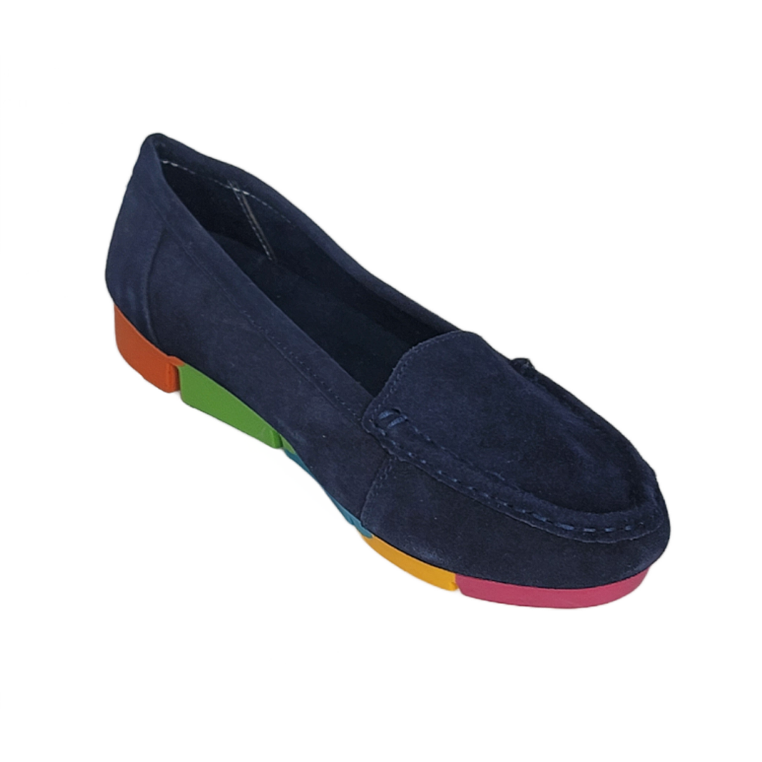 Women's Blue Suede Moccasins with Rainbow Soles (Blue)