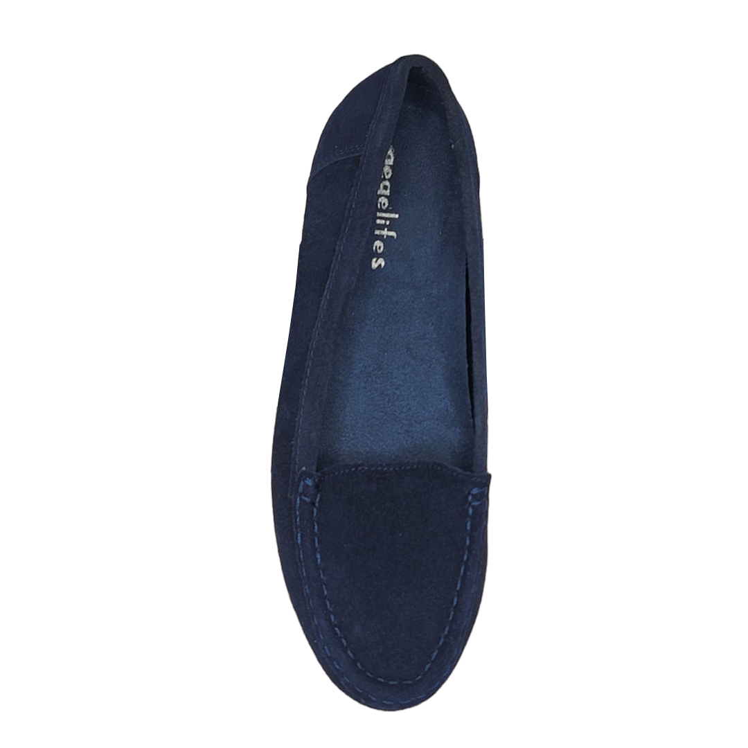 Women's Blue Suede Moccasins with Rainbow Soles (Blue)