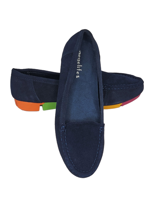 Women's Blue Suede Moccasins with Rainbow Soles (Blue)