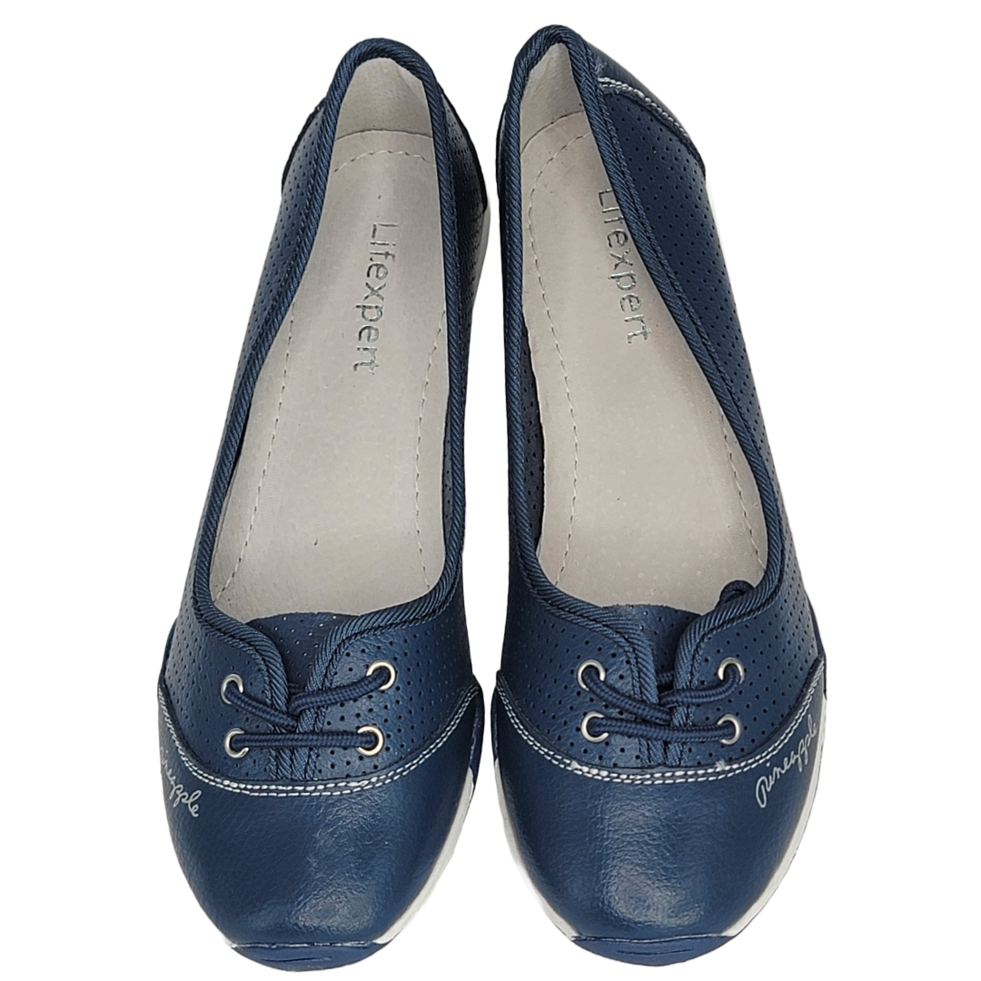 Women's Navy Ballerina-Style Leather Pineapple Shoes (Blue)