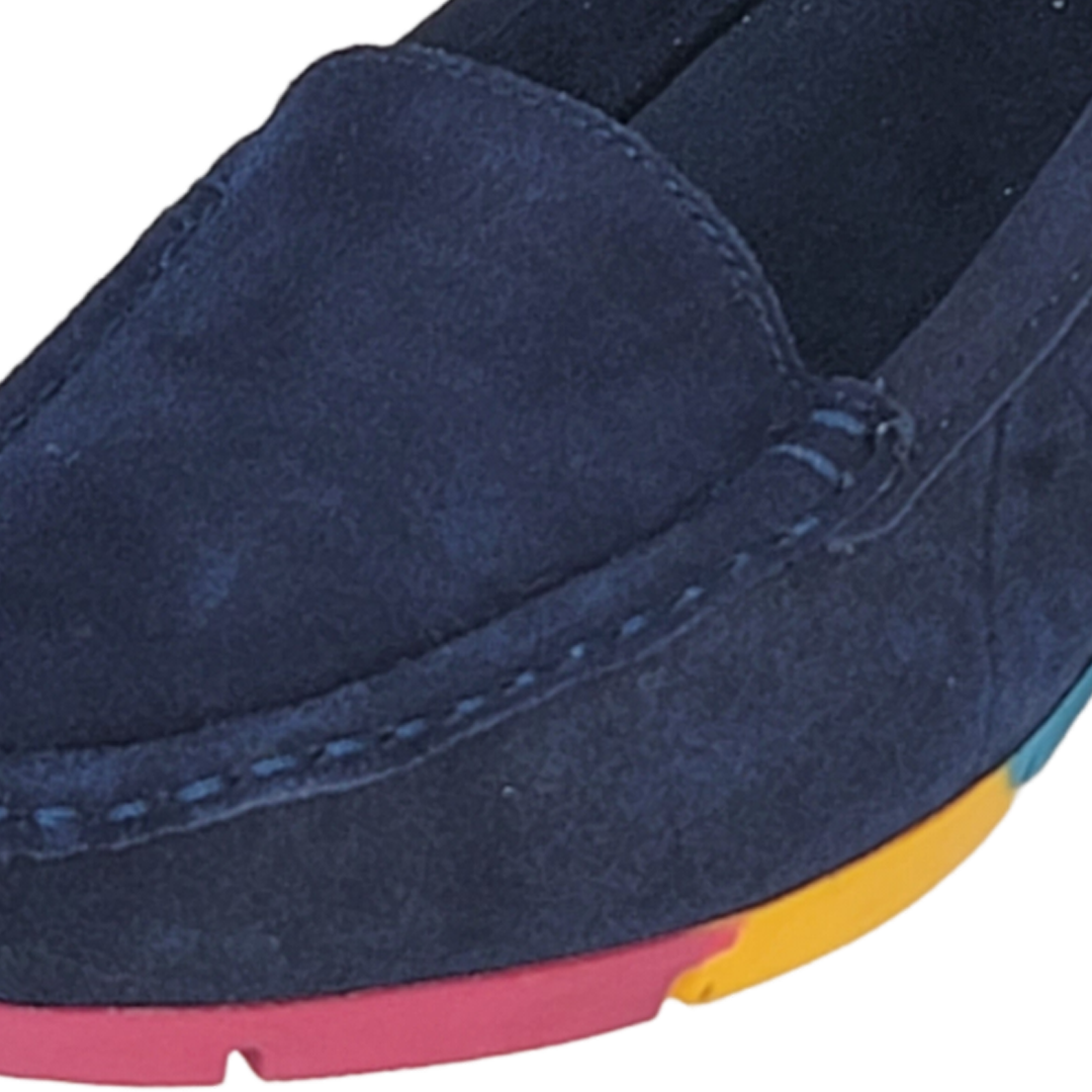 Women's Blue Suede Moccasins with Rainbow Soles (Blue)